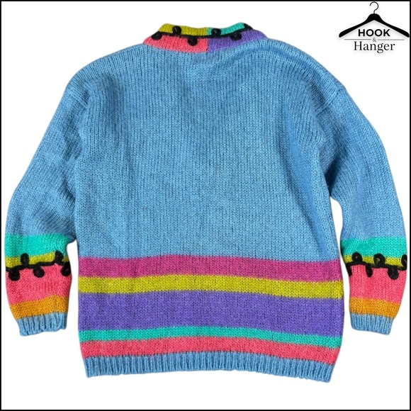VTG 90s IVY Mohair Blend Colorblock Knit Sweater L Blue Pink Cozy Artsy Bold Y2K - Picture 5 of 8